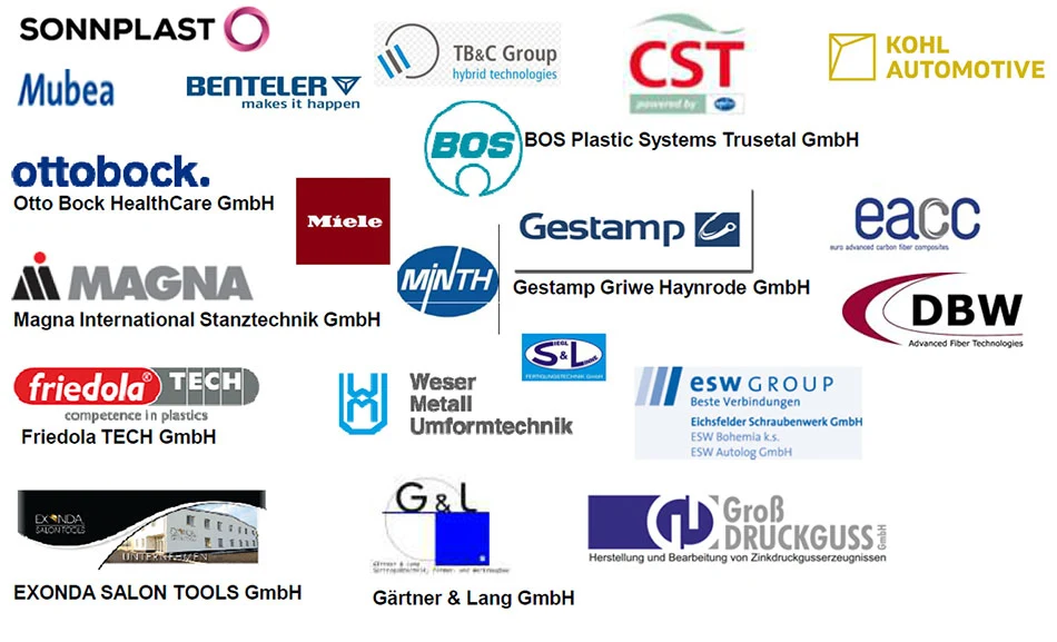 Logos von Kunden der Rosell GmbH, unter anderem Benteler, Magna, Gestamp, ottobock und Mubea