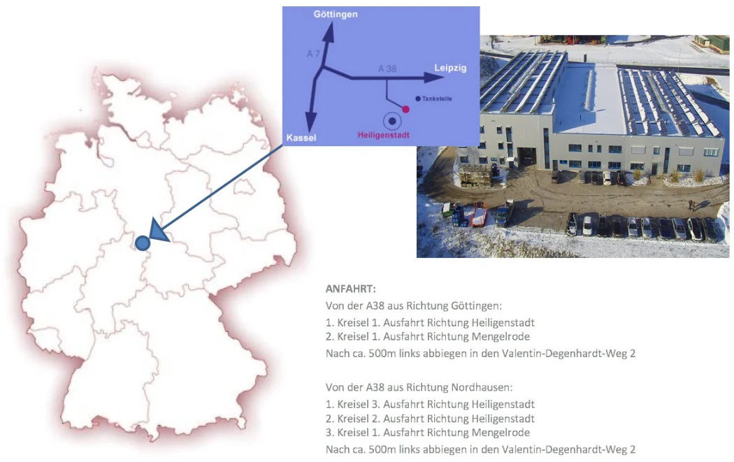 Karte mit dem Standort Heilbad Heiligenstadt an der A38 und Foto des Betriebs