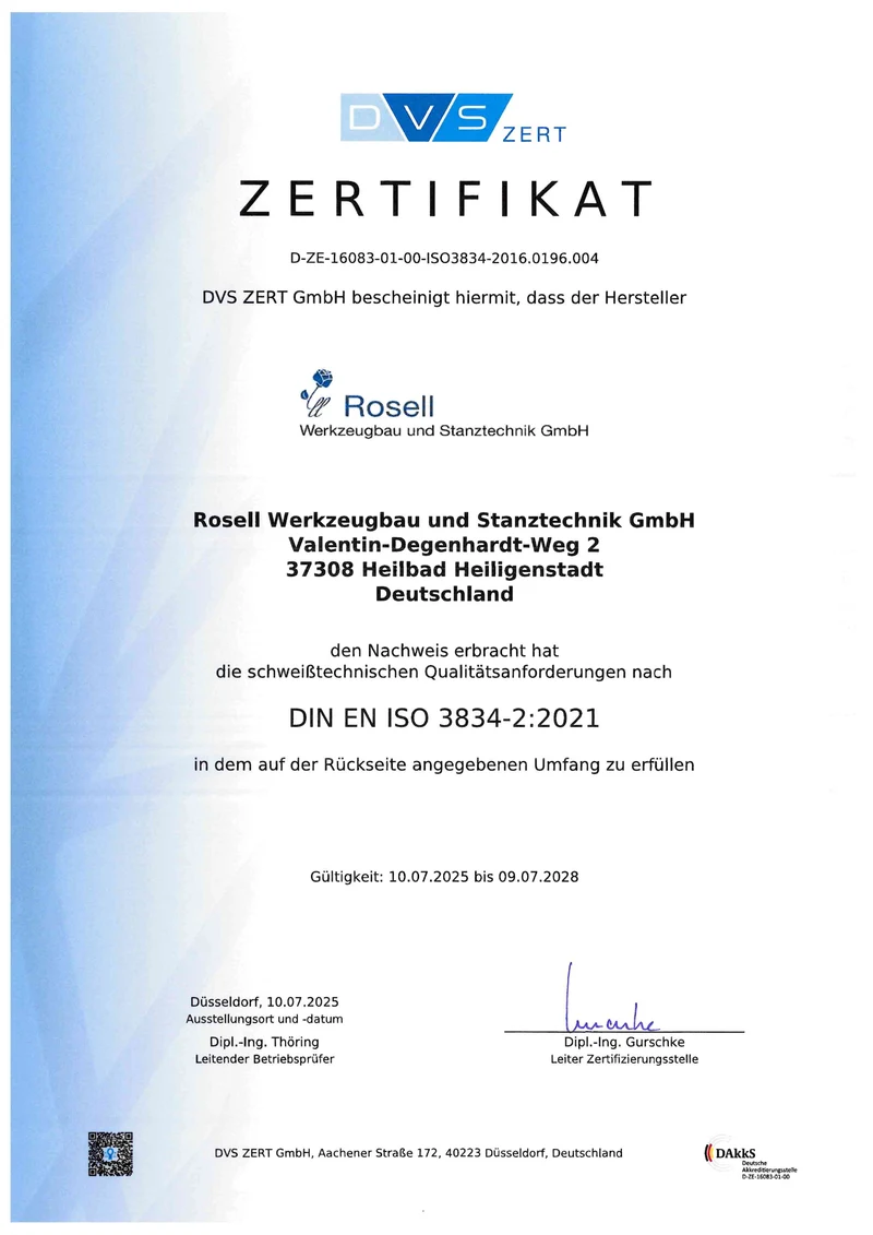 Zertifikat DIN EN ISO 3834-2 der DVS ZERT für die Rosell Werkzeugbau und Stanztechnik GmbH