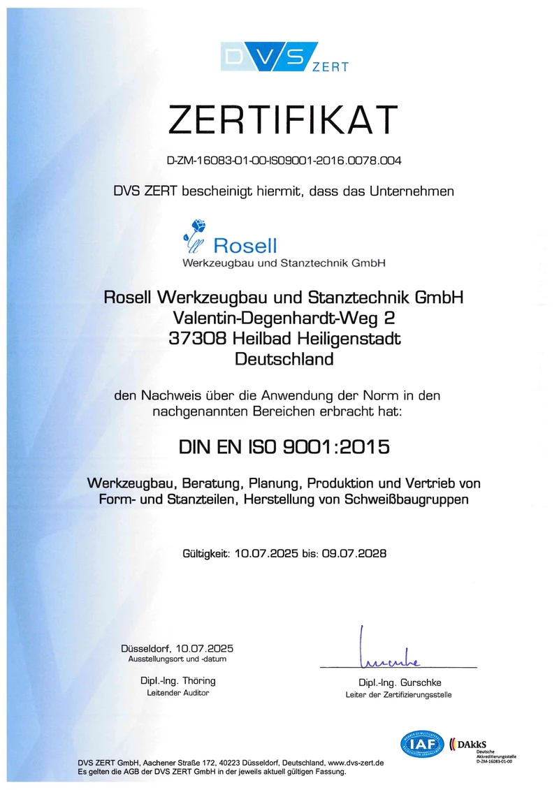 Zertifikat DIN EN ISO 9001:2015 der DVS ZERT für die Rosell Werkzeugbau und Stanztechnik GmbH